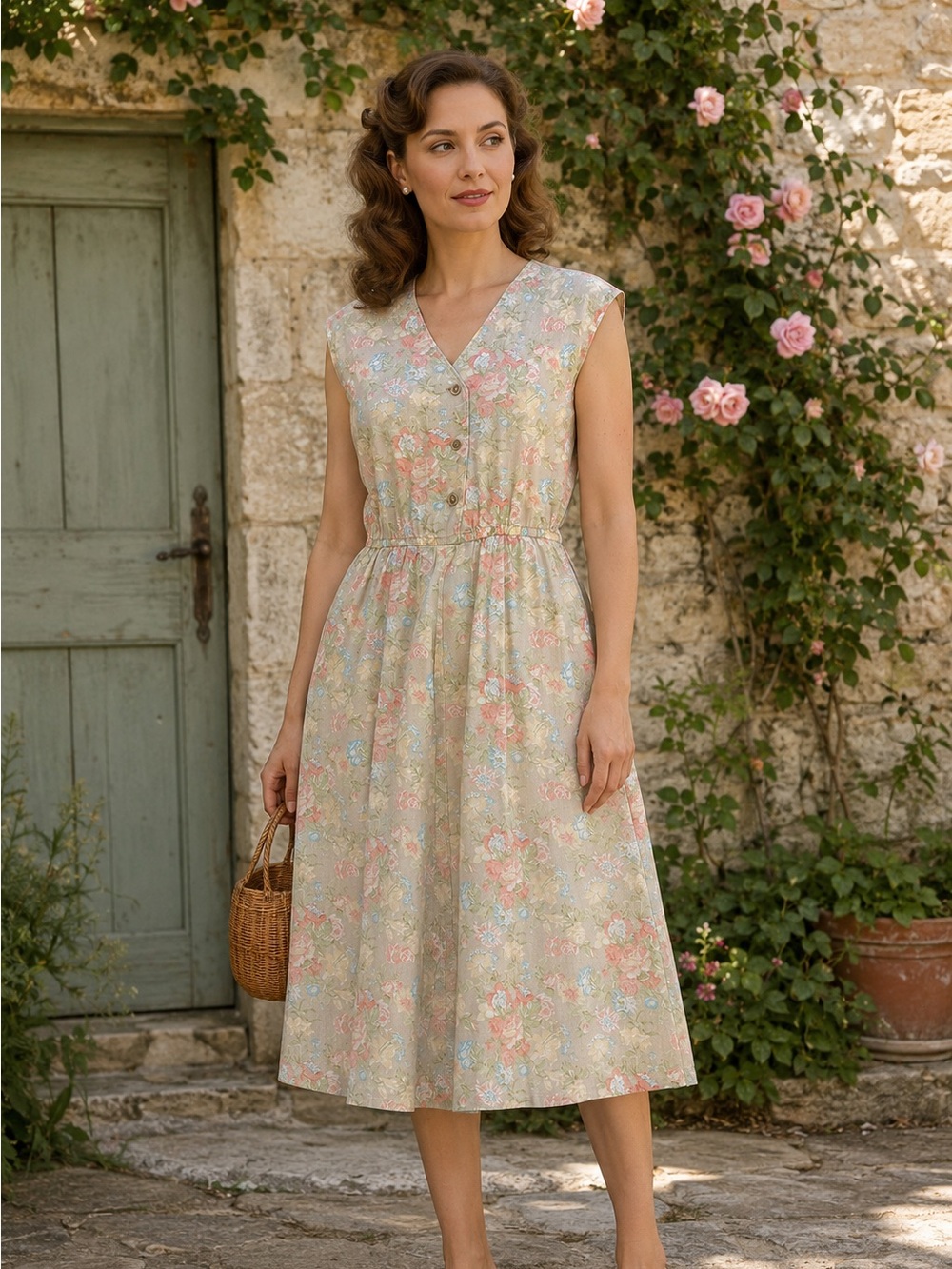 True Vintage Pastel Floral Cottagecore Midi Dress Small